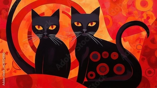 Fototapeta Two black cats on red abstract background. In style of vector illustration. Generative AI