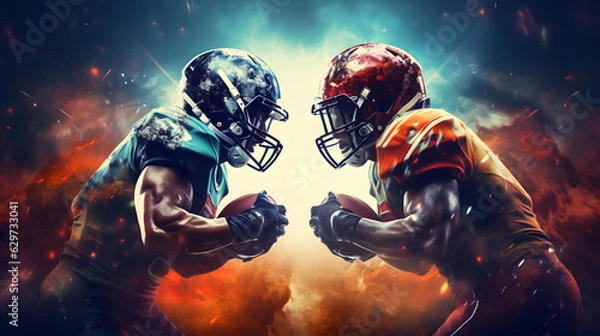Fototapeta Super bowl players versus. American football player. Sportsman with ball in helmet on stadium in action. Sport and motivation 
