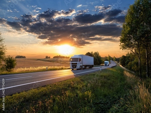 Obraz Two white trucks driving on the asphalt road in rural landscape with dramatic cloud at sunset