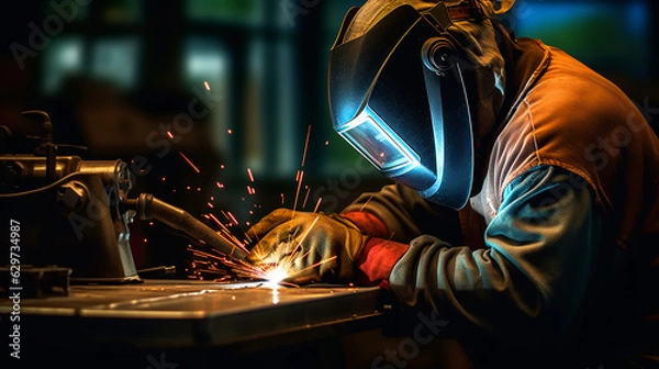 Obraz A welder wearing a welding helmet joining metal parts in a body shop. 