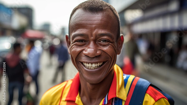 Obraz A Colombian man smiling wearing the Colombia shirt. 
