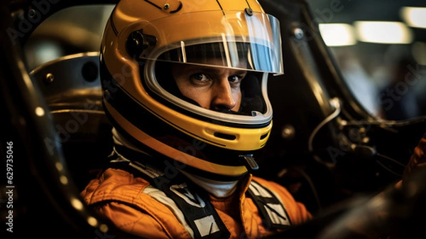 Obraz A race car driver in a racing suit sitting in a cockpit . 