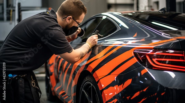 Obraz A vinyl wrap technician applying a custom design to a car's body. 