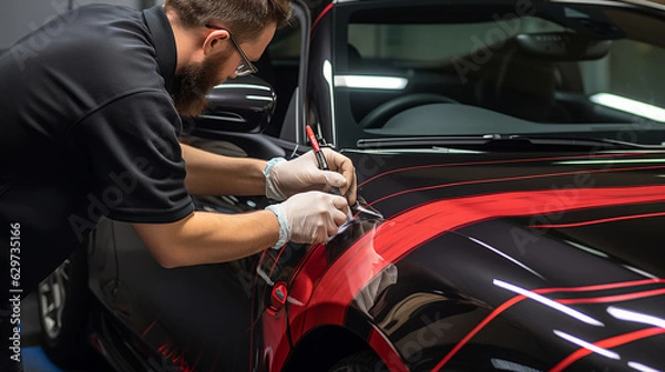 Obraz A vehicle wrapping specialist trimming excess vinyl on a car's edges. 