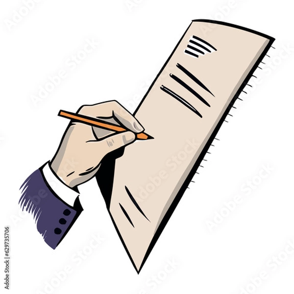 Obraz A pencil in the hand of a business person, opposite a sheet of paper with notes, vector drawing.

