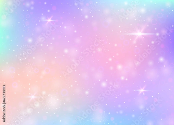 Fototapeta Holographic background with rainbow mesh. Colorful universe banner in princess colors. Fantasy gradient backdrop with hologram. Holographic unicorn background with fairy sparkles, stars and blurs.
