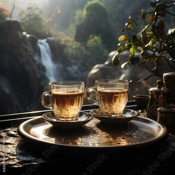 Fototapeta Coffee and tea to warm the body in a cool place, with a blurry backdrop of waterfalls and natural beauty, great for travel, advertising, social media, blog backgrounds etc. Ai generative concept