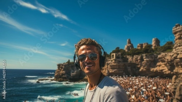 Fototapeta Enchanting Summer Escapades: Exploring Europe, Admiring Cityscapes and Beaches with Fashionable Eyewear, generative AI