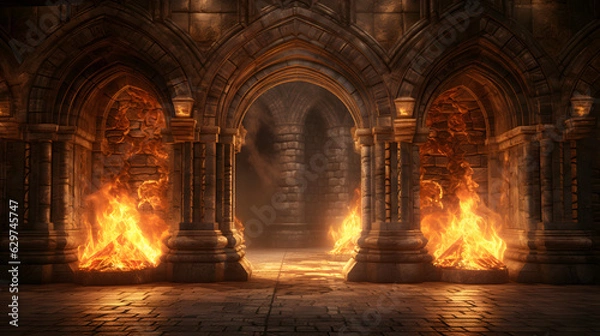 Fototapeta Ancient classic architecture stone arches with flames
