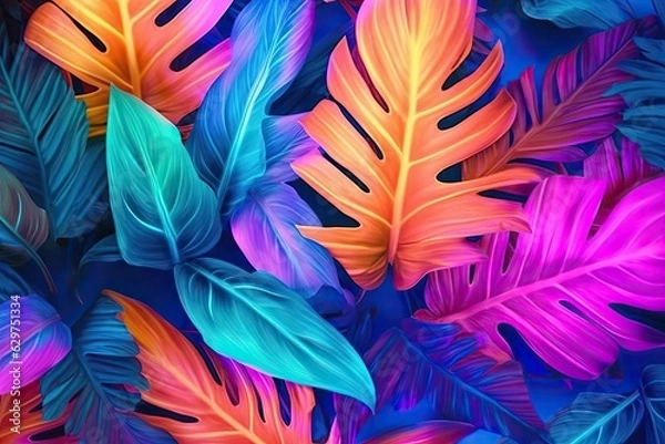 Obraz Luminous Foliage: Neon Multi-Colored Leaves (Generative AI)