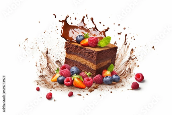 Fototapeta Piece of chocolate cake with berries and chocolate splash on a background