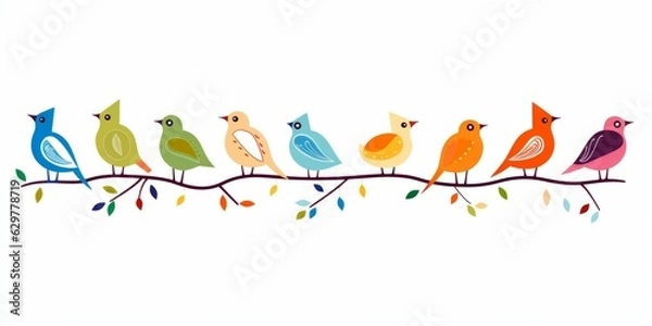 Fototapeta Many Colorful Birds on a Branch Simple Multicolor Cartoon Design Illustration 