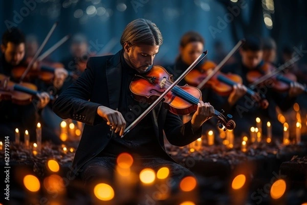 Fototapeta An orchestra plays in seamless harmony, crafting symphonies with tuned instruments, aligned rhythm, and enkindled emotions, creating a musical masterpiece together.