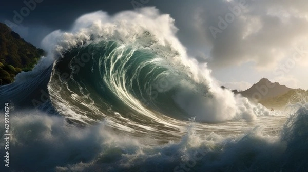 Fototapeta massive wave crashing onto the shore during a tsunami, illustrating the devastating impact of natural disasters generative ai