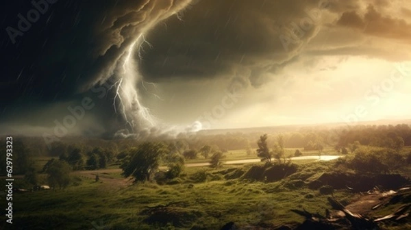 Obraz powerful tornado moving across a rural landscape, illustrating the destructive force of nature generative ai