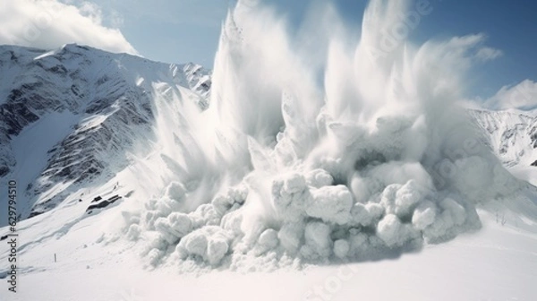 Fototapeta snow avalanche in the mountains, representing the risks of winter weather in high-altitude regions generative ai