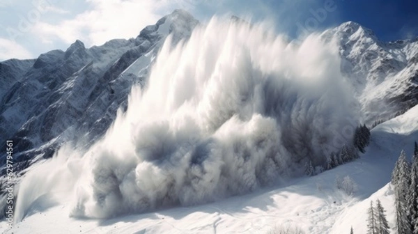 Fototapeta snow avalanche in the mountains, representing the risks of winter weather in high-altitude regions generative ai