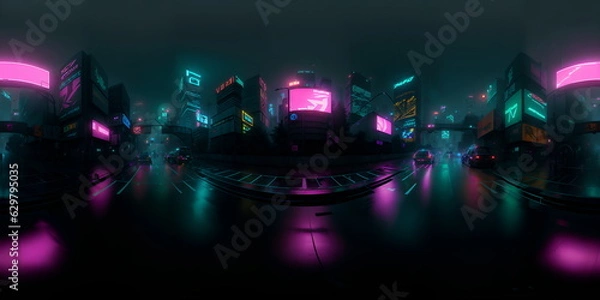 Obraz Full 360 degrees seamless spherical panorama HDRI equirectangular projection of Cyberpunk Night City Tron Future. Texture environment map for lighting and reflection source rendering 3d scenes.
