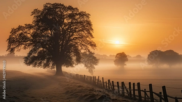 Fototapeta Mystical Dusk - Sunsets, Fog, and the Solitary Tree in the Enchanting Field. Generative AI
