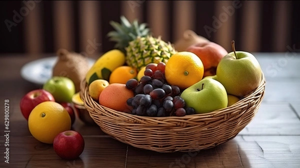 Fototapeta Basket and fresh fruits on wooden table. Generative AI