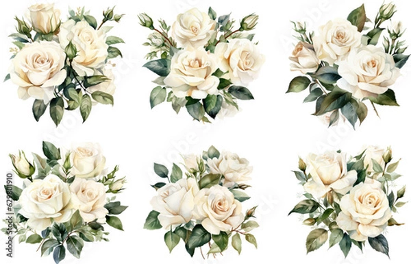 Obraz Vector flower set of white rose bouquets with flowers and leaves on a white background.