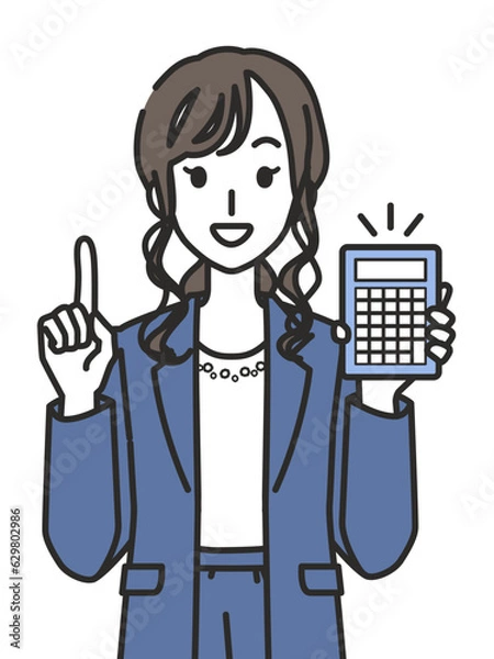 Fototapeta 電卓を持つオフィスカジュアルコーデの女性