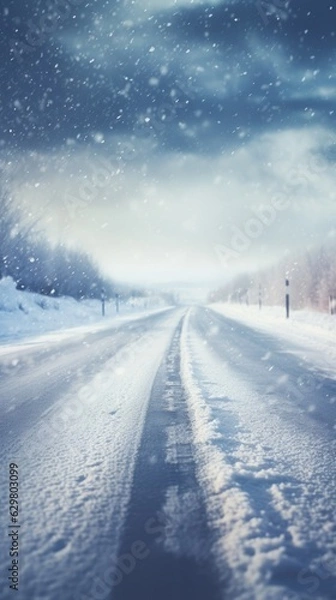 Fototapeta Sunny winter road covered with snow. Generative AI