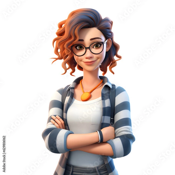 Obraz 3D cartoon character smiling young woman standing with arms crossed, isolated on white and transparent background, ai generate