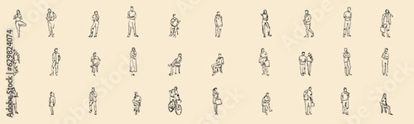 Obraz Set sillhouettes people in sketch style. Hand draw man, woman, child, couple isolated on white background. Collection simple vector illustration.