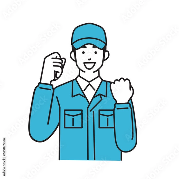 Fototapeta ガッツポーズをする作業服を着た男性配達員のシンプルなイラスト
