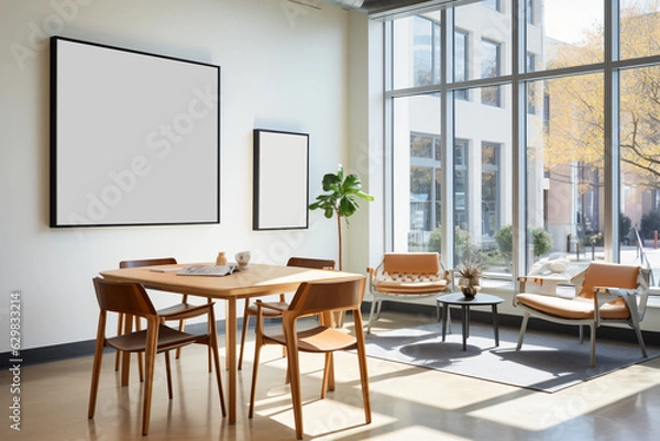 Fototapeta a dining room space with chairs, coffee table and a large art print, in the style of letterism, yankeecore, leather/hide, yale university school of art - Generative AI