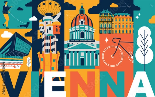 Obraz Typography word "Vienna" branding technology concept. Collection of flat vector web icons. Culture travel set, famous architectures, specialties detailed silhouette. Austria famous landmark