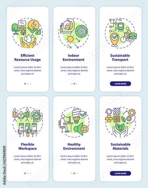 Fototapeta 2D icons representing sustainable office mobile app screen set. Walkthrough 3 steps multicolor graphic instructions with thin line icons concept, UI, UX, GUI template.