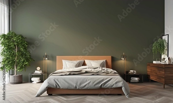 Fototapeta Bed in modern bedroom interior. Green home design. Decor background for house design