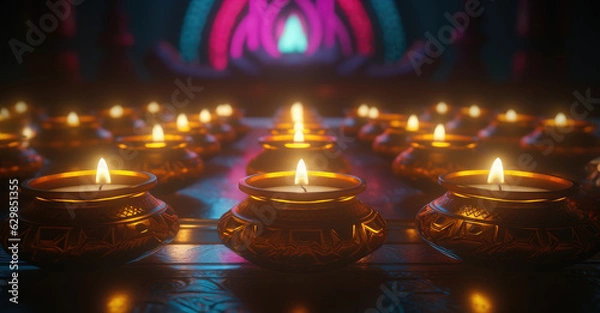 Fototapeta Happy Diwali, Glowing oil lamp - Generative AI