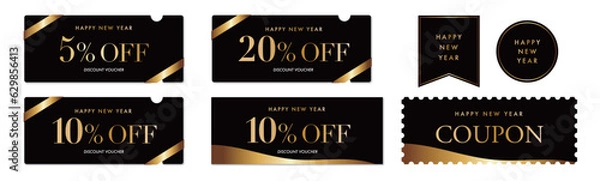 Fototapeta 新年セールに使える高級感のある黒と金リボンのクーポンベクターデザインセット