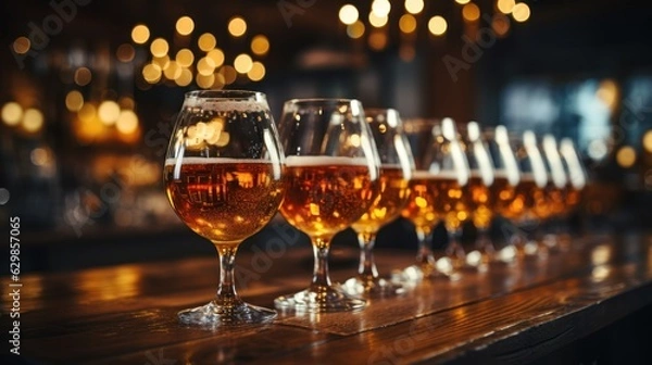Fototapeta Draft beer in glasses on bar stand in line bar blur background