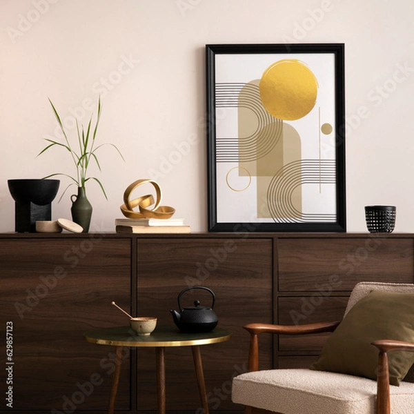 Fototapeta Interior design of harmonized living room with brown commode, design boucle armchair, coffee table, decoration, mock up poster frame and elegant personal accessories. Modern home decor. Template.