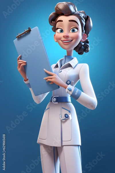 Fototapeta illustration of a modern doctor holding a clip board and smiling, in the style of worked 3d clay play dough on a blue background 