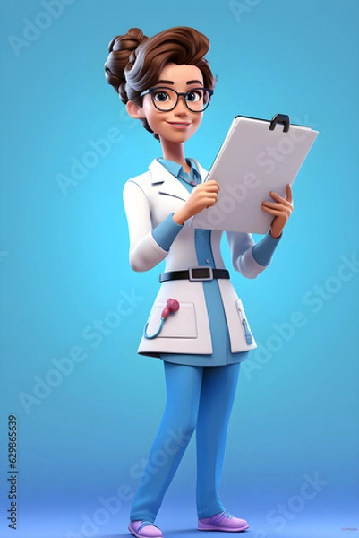 Fototapeta illustration of a young doctor holding a clip board and smiling, in the style of worked 3d clay play dough on a blue background 