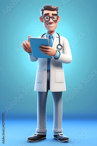 Fototapeta illustration of a  male young doctor holding a clip board and smiling, in the style of worked 3d clay play dough on a blue background 