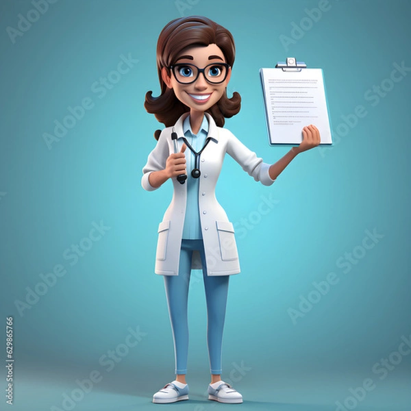 Fototapeta illustration of a female doctor holding a clip board and smiling, in the style of worked 3d clay play dough on a blue background 