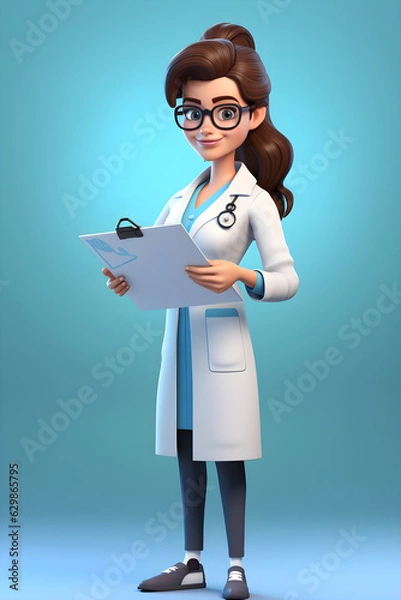 Fototapeta illustration of a doctor holding a clip board and smiling, in the style of worked 3d clay play dough on a blue background 