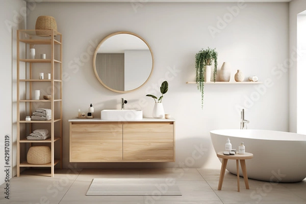 Obraz A relaxing bathroom with a Scandinavian design, featuring clean lines and light wood accents, creating a calming spa-like atmosphere