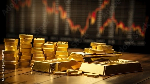 Fototapeta Gold bar on the table with stock price chart background, Generative AI