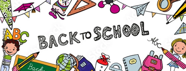 Obraz Back to school -cute boys and girls with rulers, pencils, brushes and ABC - excited to go back to school - colorful hand-drawn cartoon. Suitable for banner or greeting card.