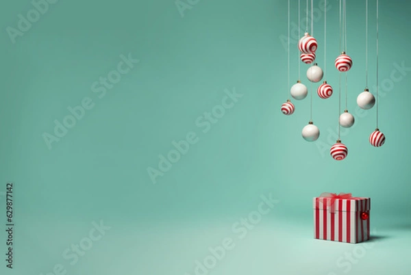 Fototapeta Red and white ornaments hanging, against teal background, with copy space. Minimal Christmass, new year layout, AI generative, illustration.