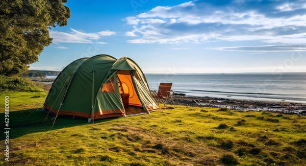 Obraz Tourist tent near the sea on green grass. Generative AI