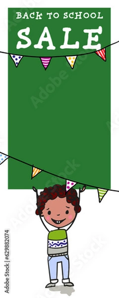 Obraz Back to school sale - girl holding up blackboard with copy space- excited to go back to school - colorful hand-drawn cartoon. Suitable for vertical banner or greeting card.