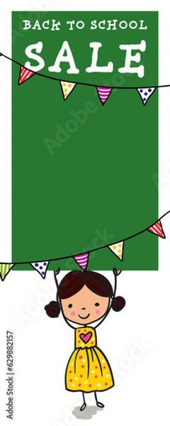 Obraz Back to school sale - girl holding up blackboard with copy space- excited to go back to school - colorful hand-drawn cartoon. Suitable for vertical banner or greeting card.